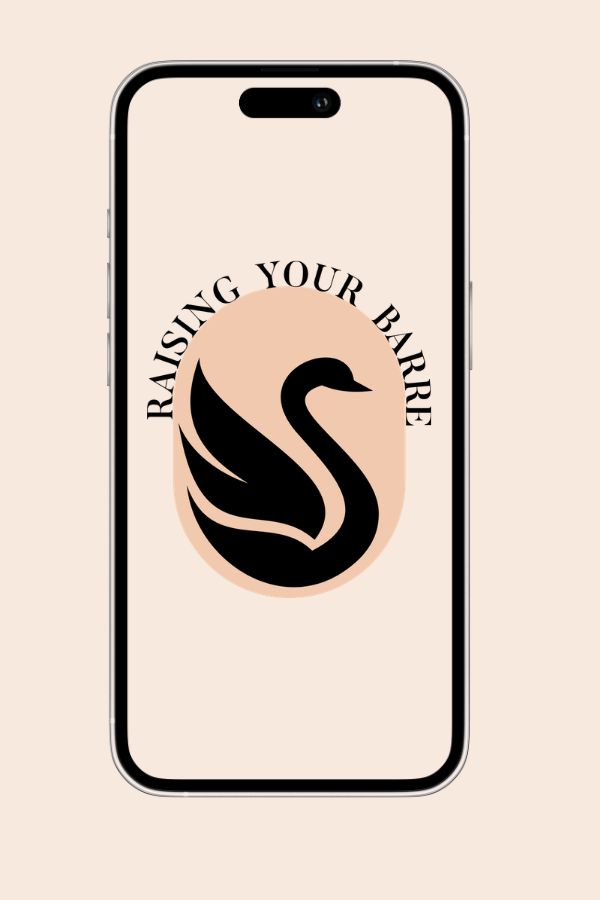 A smartphone with a logo of a black swan inside an oval behind it, with the text 'RAISING YOUR BARE' curved above the swan on the screen.