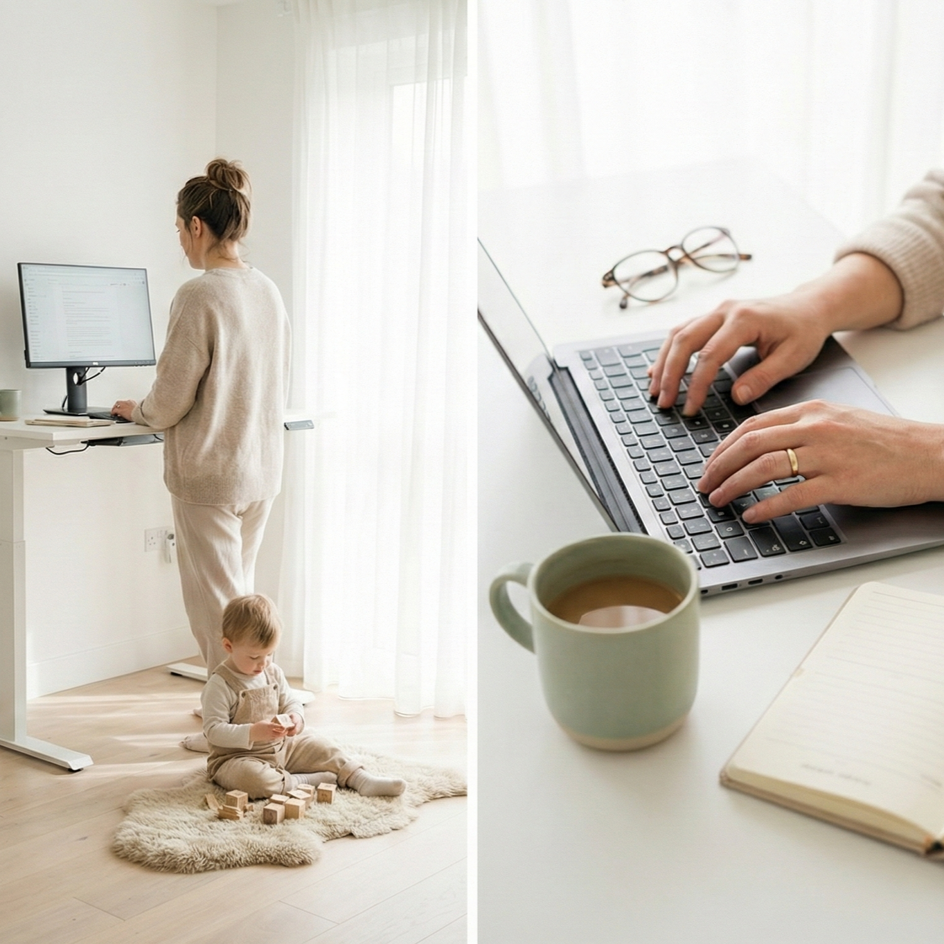 A woman working on a laptop at home, with a young child sitting on a plush rug playing with building blocks nearby. The mix of work and child play suggests a remote work setting.