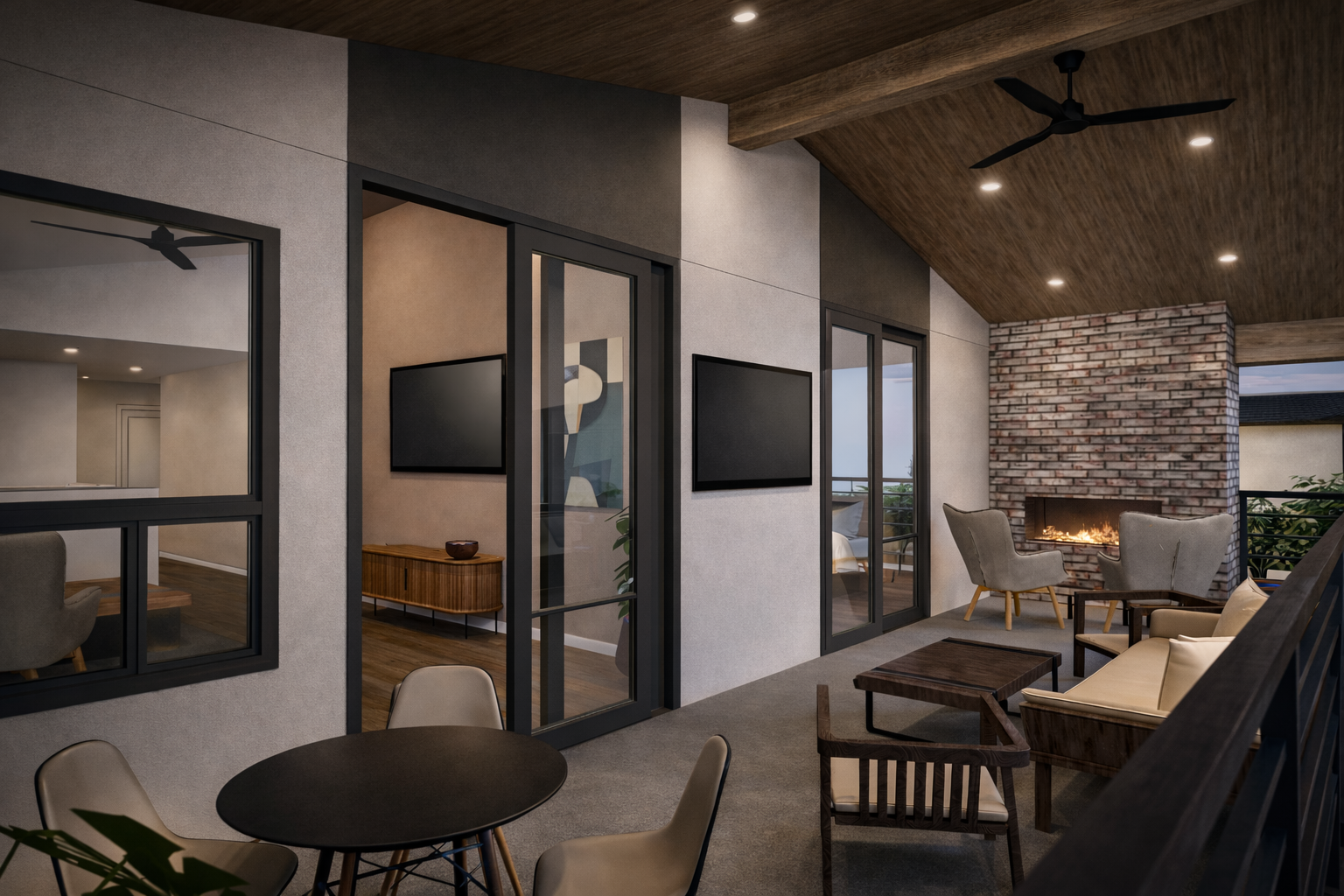 Expansive Arizona Balcony extends the living experience outdoors with a fireplace, architectural beam details, and a sophisticated entertaining space accessible from both the loft and primary suite.