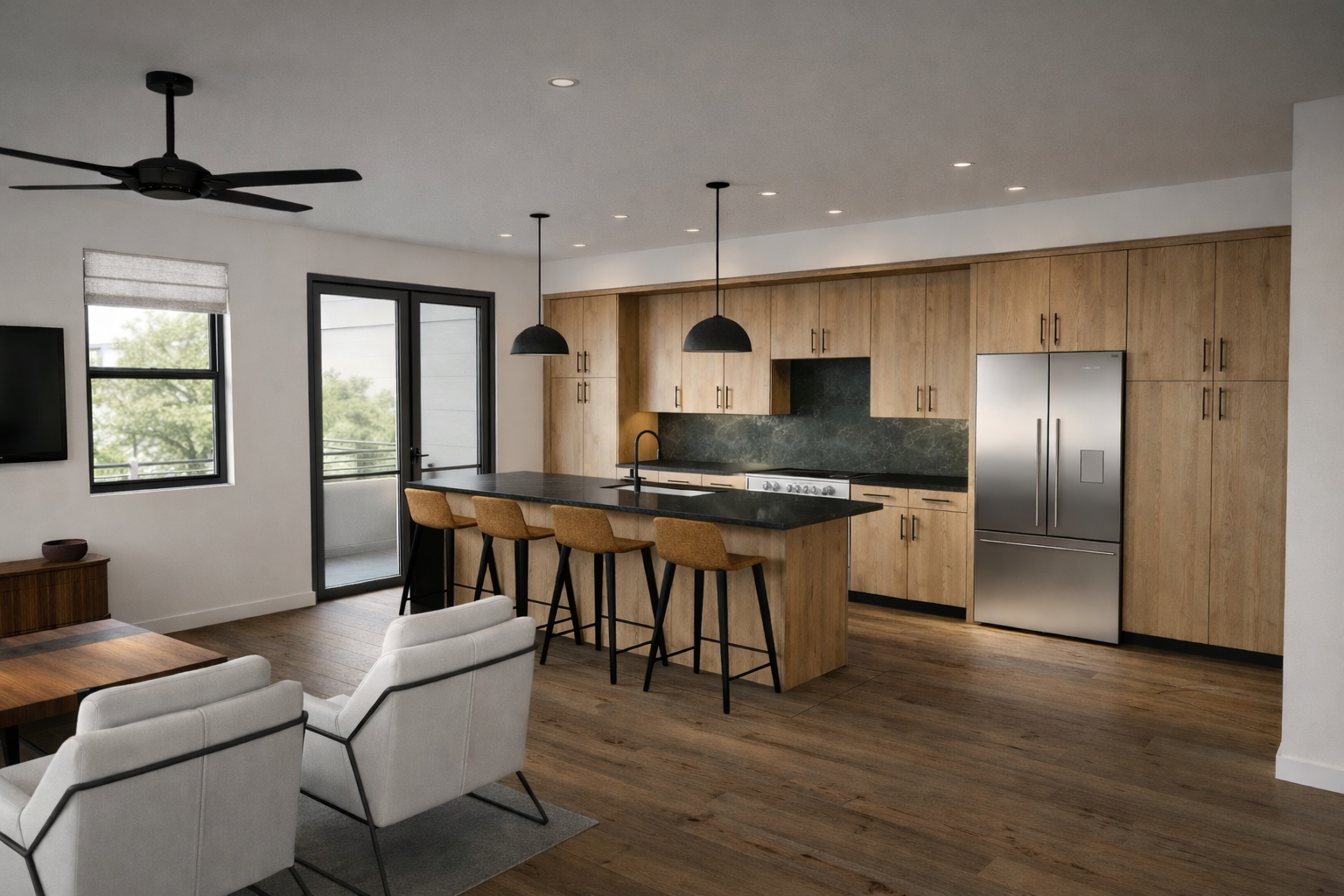 Open-concept living space featuring a modern kitchen with wooden cabinets, black countertops, a stainless-steel refrigerator, and a kitchen island with four barstools. Adjacent dining area with white chairs and a wooden dining table, windows, and a b