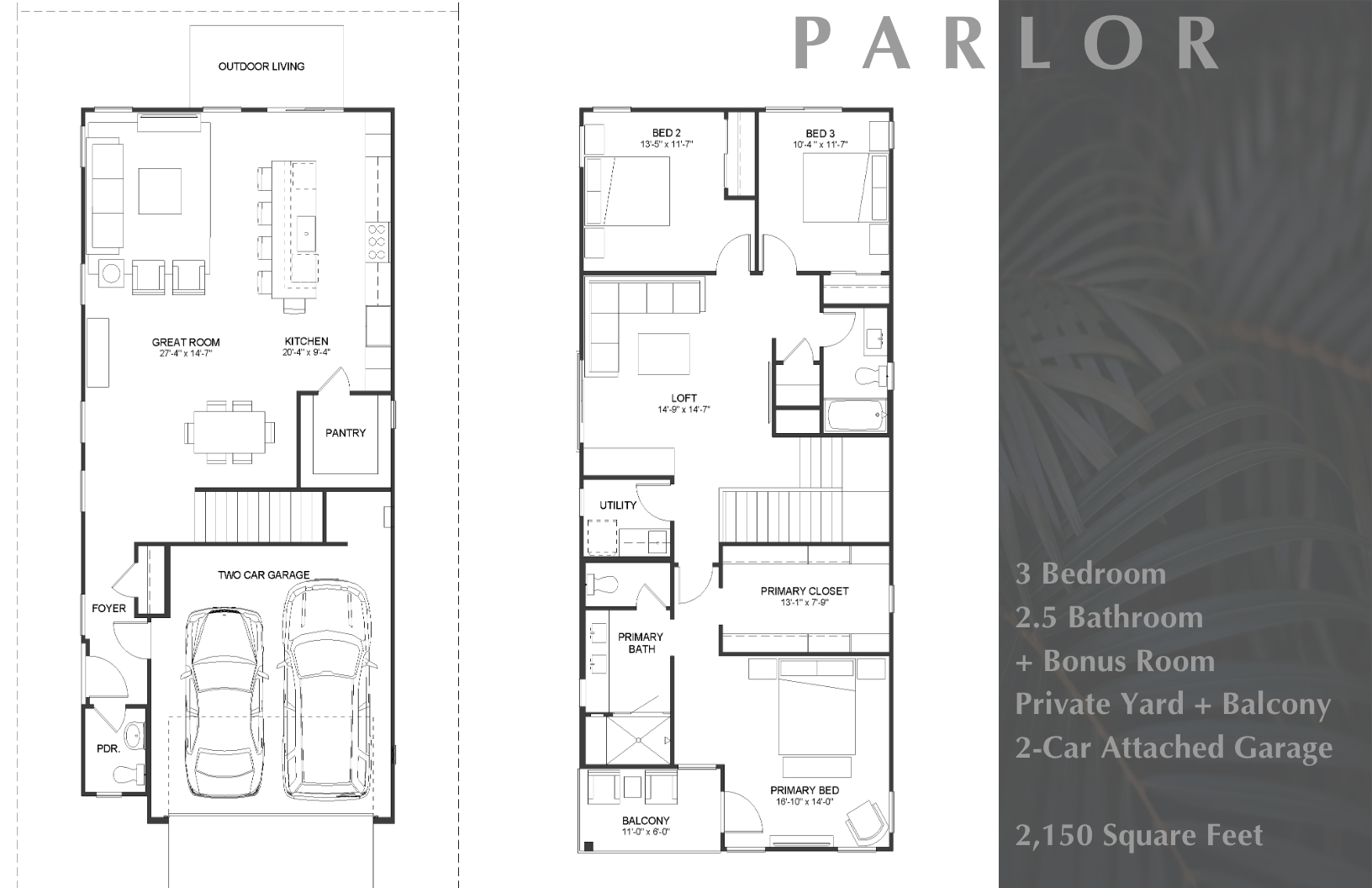 Floor plan of a two-story house with a front foyer, two-car garage, powder room, kitchen, pantry, great room, and outdoor living area on the first floor; three bedrooms, including a master bedroom with a balcony, two and a half bathrooms, a loft, utility room, and primary closet on the second floor. House features a private yard and balcony, with a total area of 2,150 square feet.
