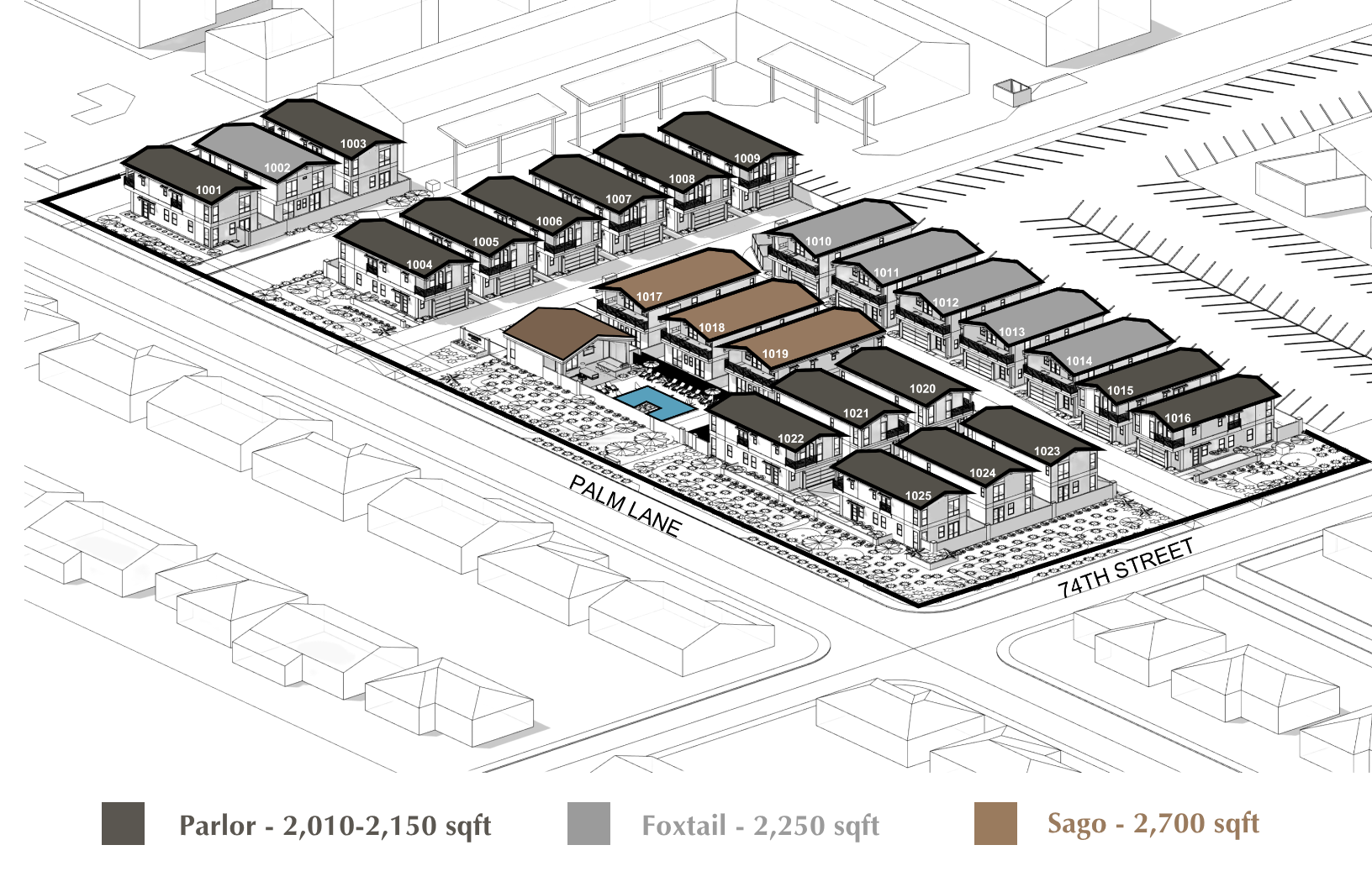 A detailed architectural site plan showing a residential complex with three types of units labeled Parlor, Foxtail, and Sago, along with surrounding roads named Palm Lane and 74th Street.