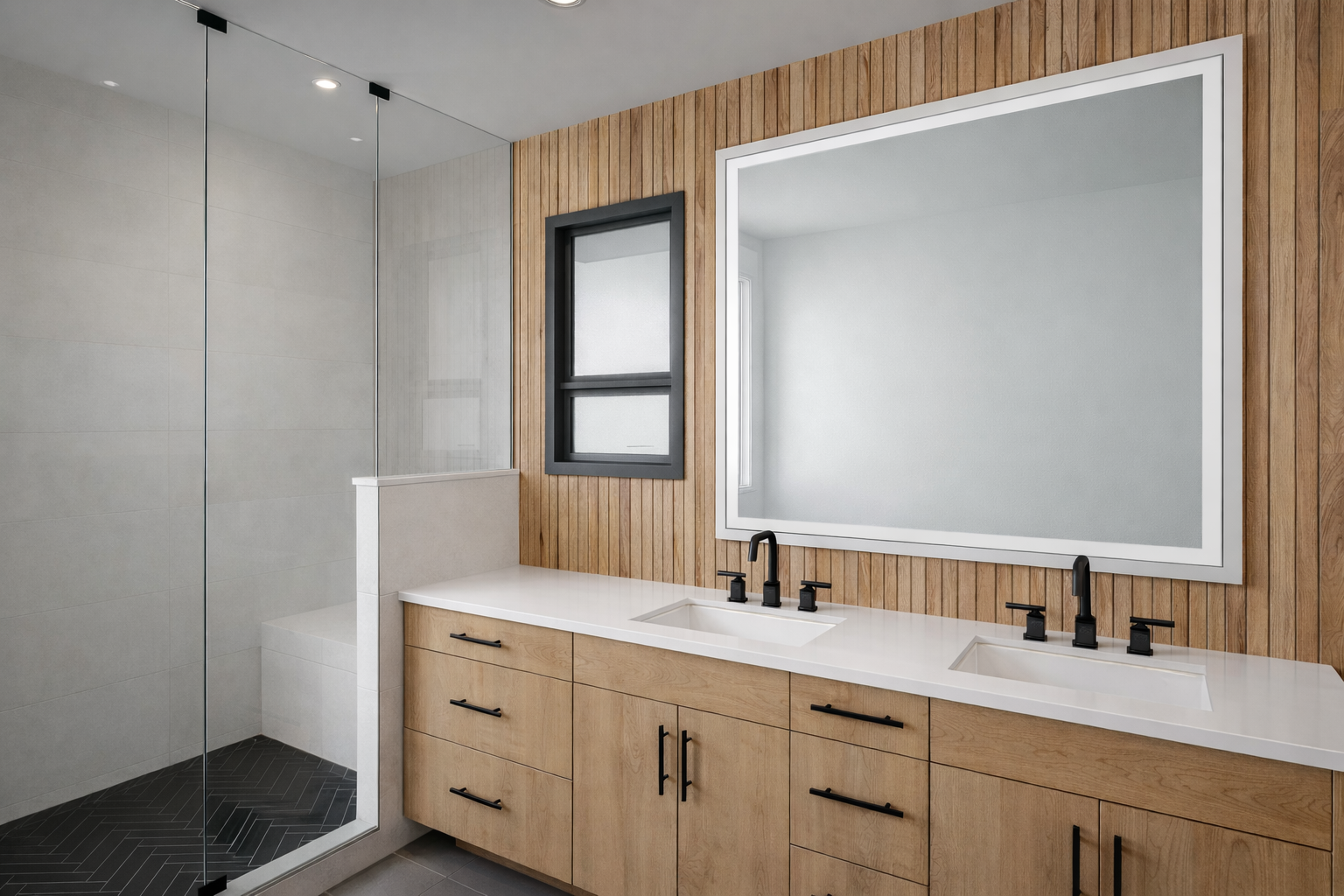 Modern bathroom with double sink vanity, large mirror, and walk-in shower with glass door, wood and gray tile accents.
