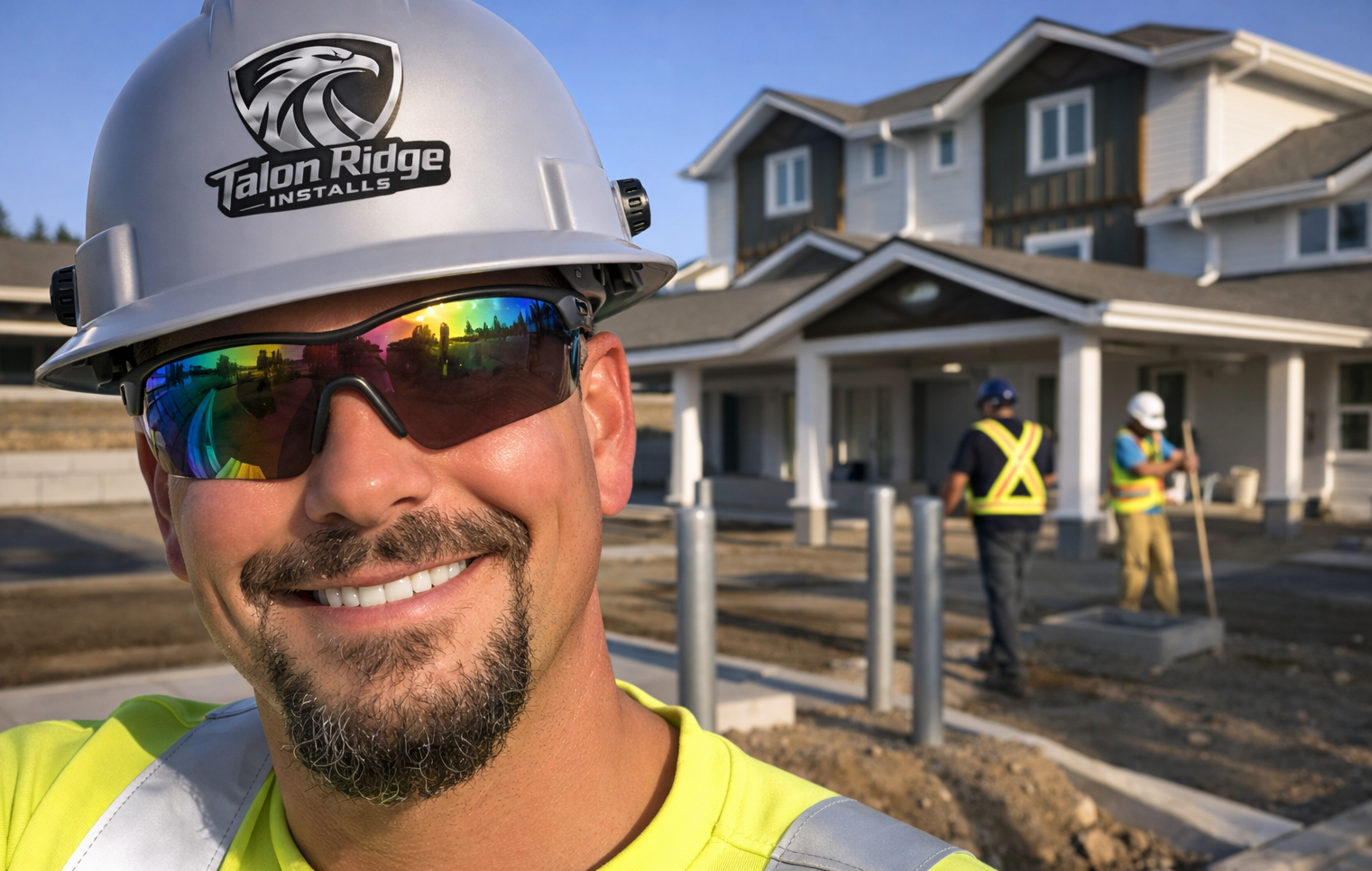 A construction worker smiling in front of an under-construction house, wearing sunglasses, a hard hat, and a high-visibility vest, with other workers and a house in the background.