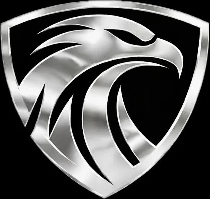Silver and black logo featuring a stylized eagle head inside a shield shape.