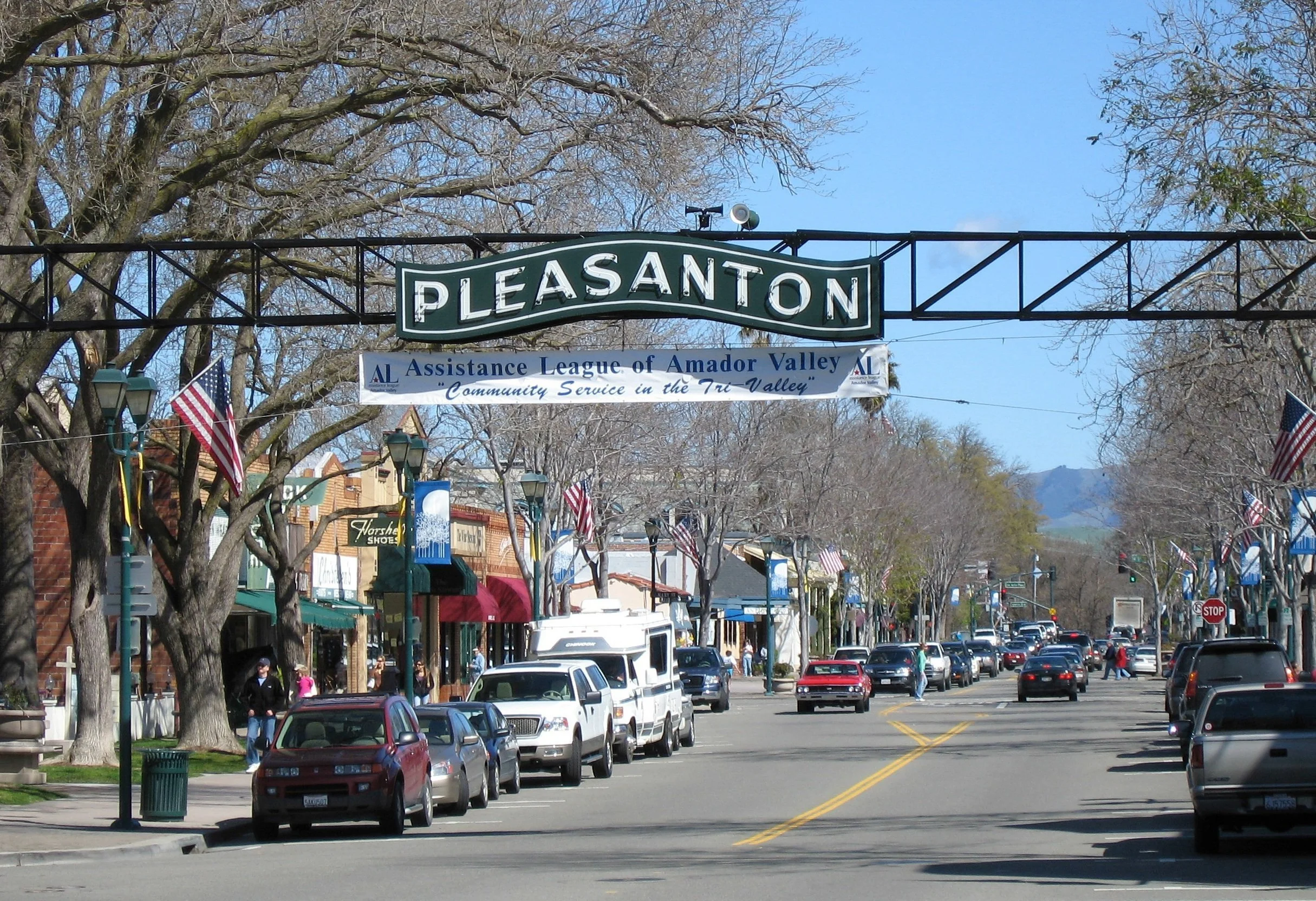 Main street in Pleasanton with shops and cars parked along the side, trees overhead, and a sign reading 'Pleasanton'.