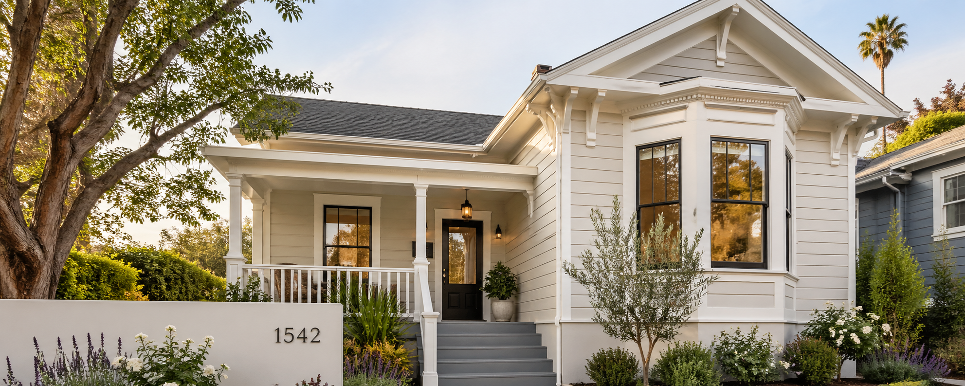 A white, two-story house with black window frames, a front porch with white railings, and a black front door. The house has a gabled roof and is surrounded by greenery, including bushes, small trees, and flowers. The house number 1542 is displayed on a white wall in front.