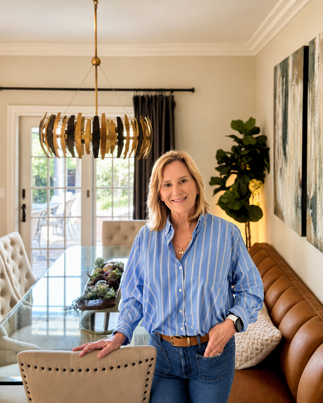 Patty Recupero standing next to a dining table, smiling at the camera