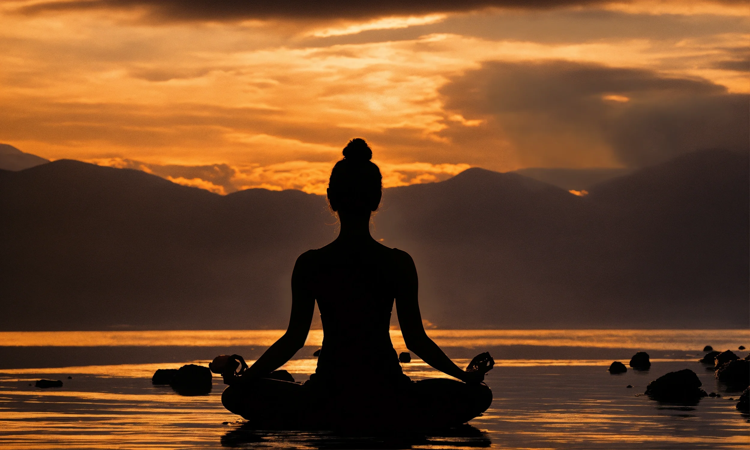 Silhouette of a person sitting cross-legged in a meditative pose on rocks at the beach during sunset, with mountain range in the background and a sky illuminated with orange and yellow hues.