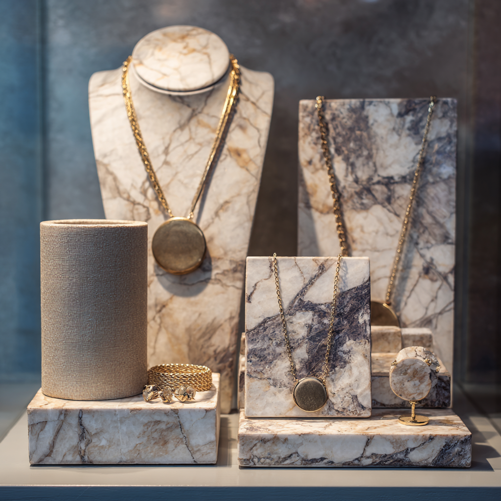 Bespoke marble holders created to elevate the presentation of key jewellery pieces while complementing the overall retail aesthetic.