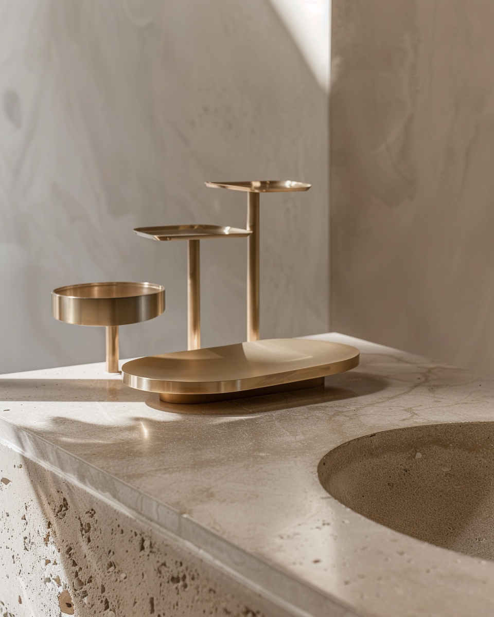 Modern brass jewelry stand on a speckled beige countertop next to a round sink.