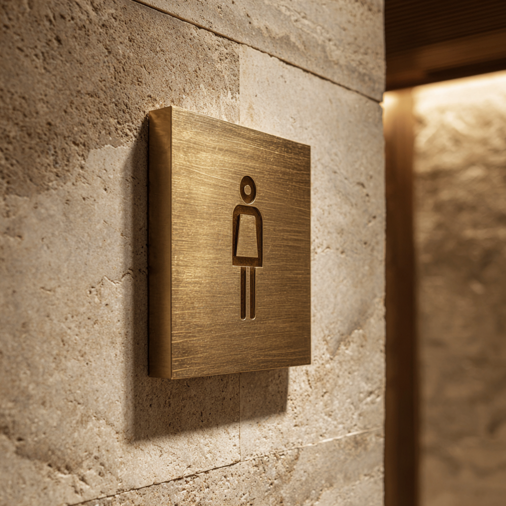 Bespoke solid brass wayfinding sign designed for hospitality spaces, featuring a durable, high-end finish for clear and elegant directional signage.