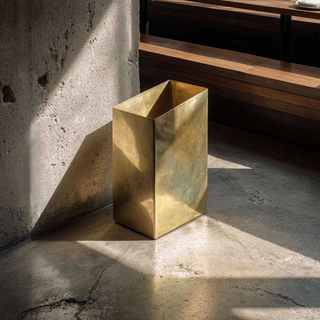 A tall, rectangular gold-colored metallic trash bin on a concrete floor, with sunlight casting shadows on a textured concrete wall and wooden seating in the background.