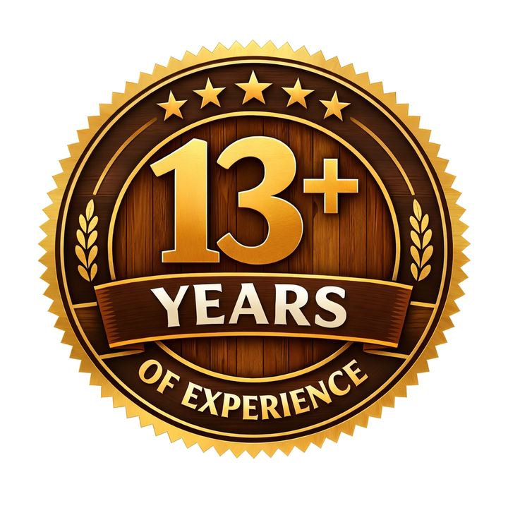 A circular emblem that indicates 13+ Years of Experience..