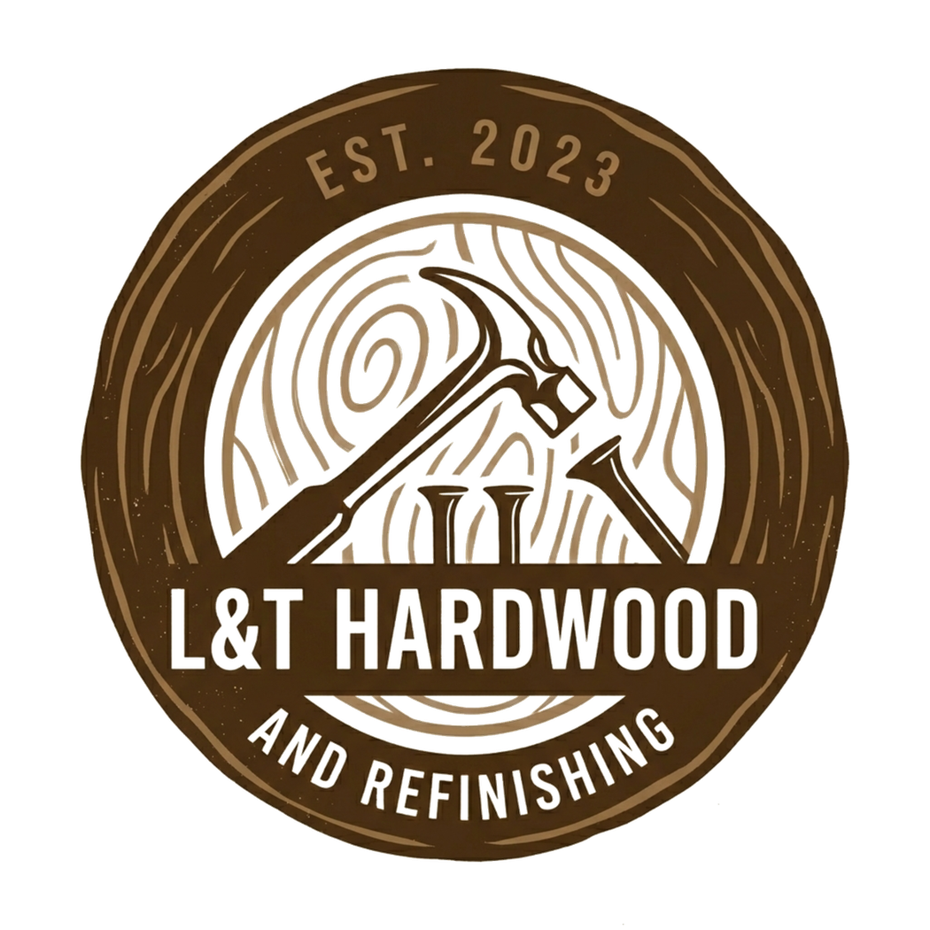Logo for L&T Hardwood and Refinishing, established in 2023, featuring a woodgrain background.