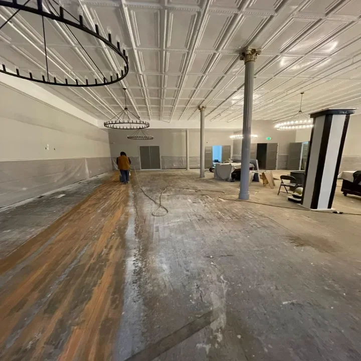 A hardwood floor being refinished at a hotel in Paris, KY.