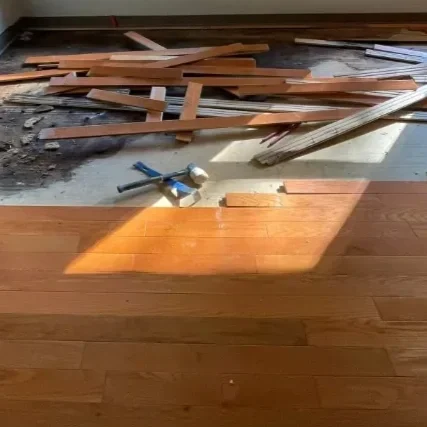 Spot repairs on a hardwood floor.