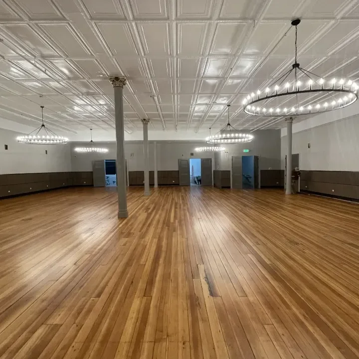 A hardwood floor in an event room after being refinished at a hotel in Paris, KY.