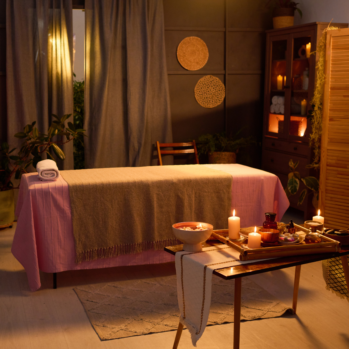 A cozy room for a massage or spa session, with soft lighting, candles, and a neatly arranged table holding spa products, a bowl, and candles.