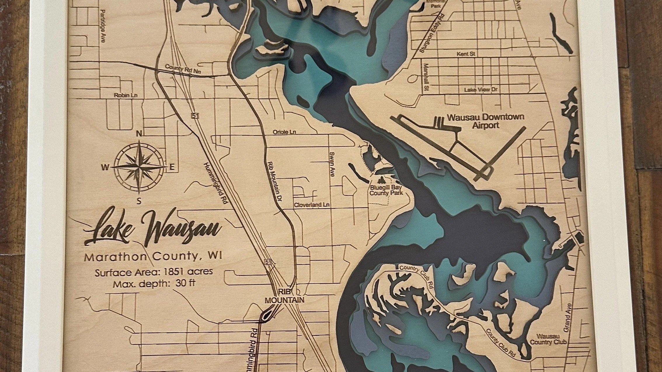 Map of Lake Wausau in Marathon County, Wisconsin, showing surrounding roads, parks, and the lake's surface area of 1851 acres and maximum depth of 30 feet.