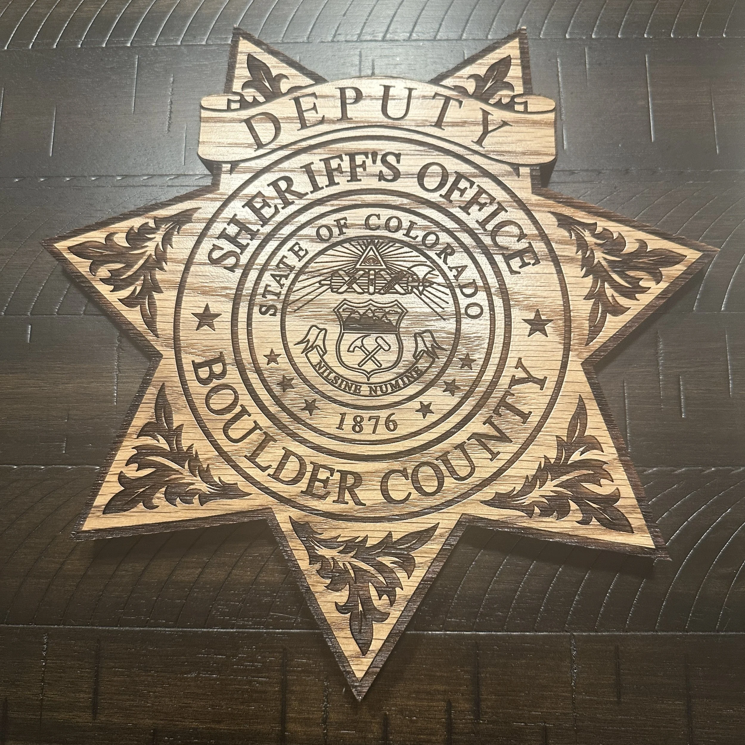 A wooden star-shaped emblem with an ornate seal in the center and the words 'Department of the Treasury' and 'United States of America' engraved on it.