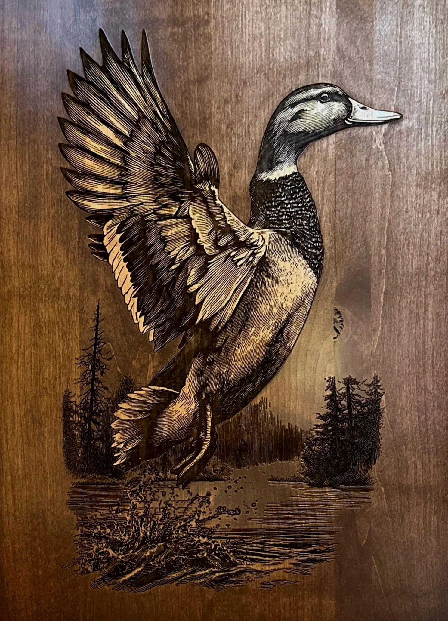 Black and white drawing of a turkey standing among trees on a wooden surface.