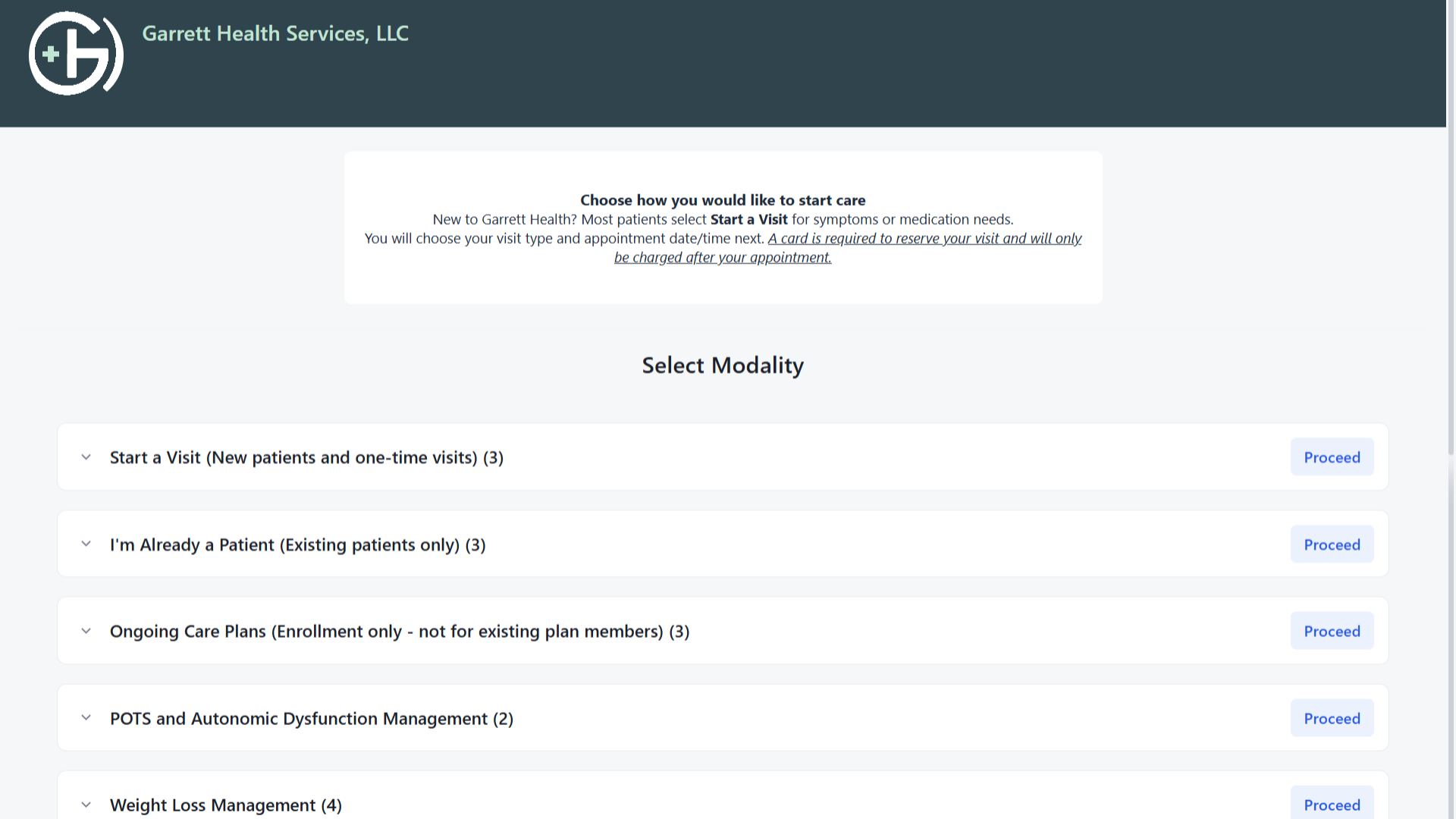 Screenshot of Garrett Health Services, LLC online patient portal homepage with options to start a visit, existing patient login, care plans, and other medical services.