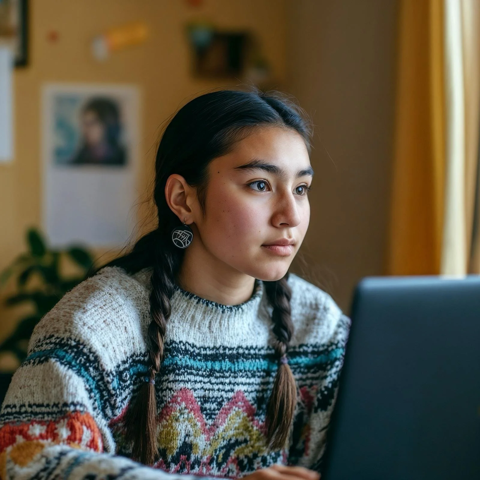 A young woman with dark hair in braids, wearing a patterned sweater and earrings, focuses on her laptop near a window in a cozy room.