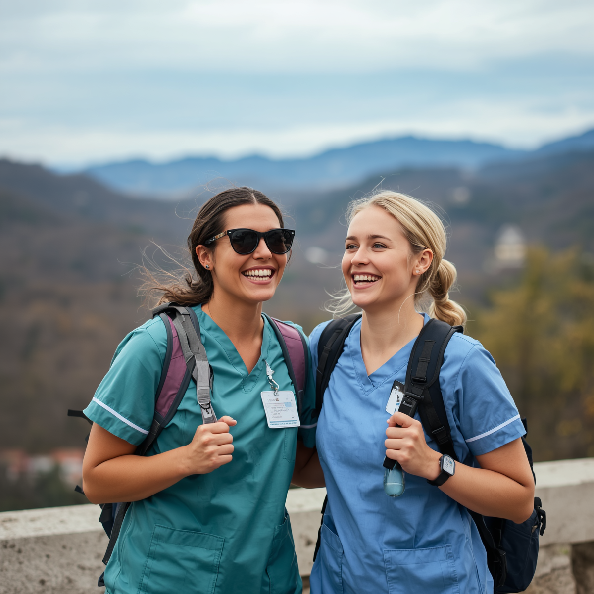 Two female healthcare workers in scrubs smiling outdoors with mountains in the background.