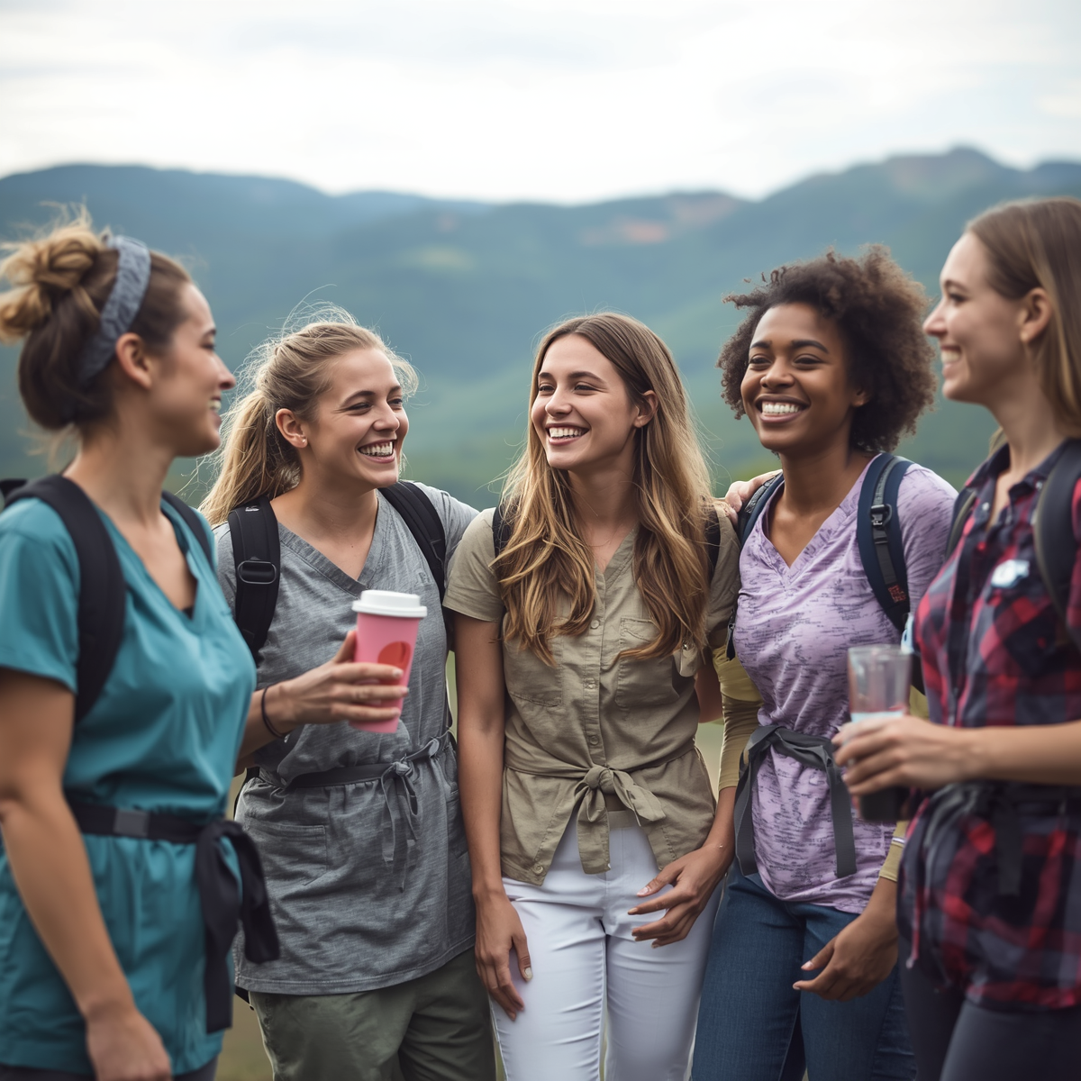 Group of five young women smiling and chatting outdoors with mountains in the background, some holding coffee cups, dressed casually with backpacks.