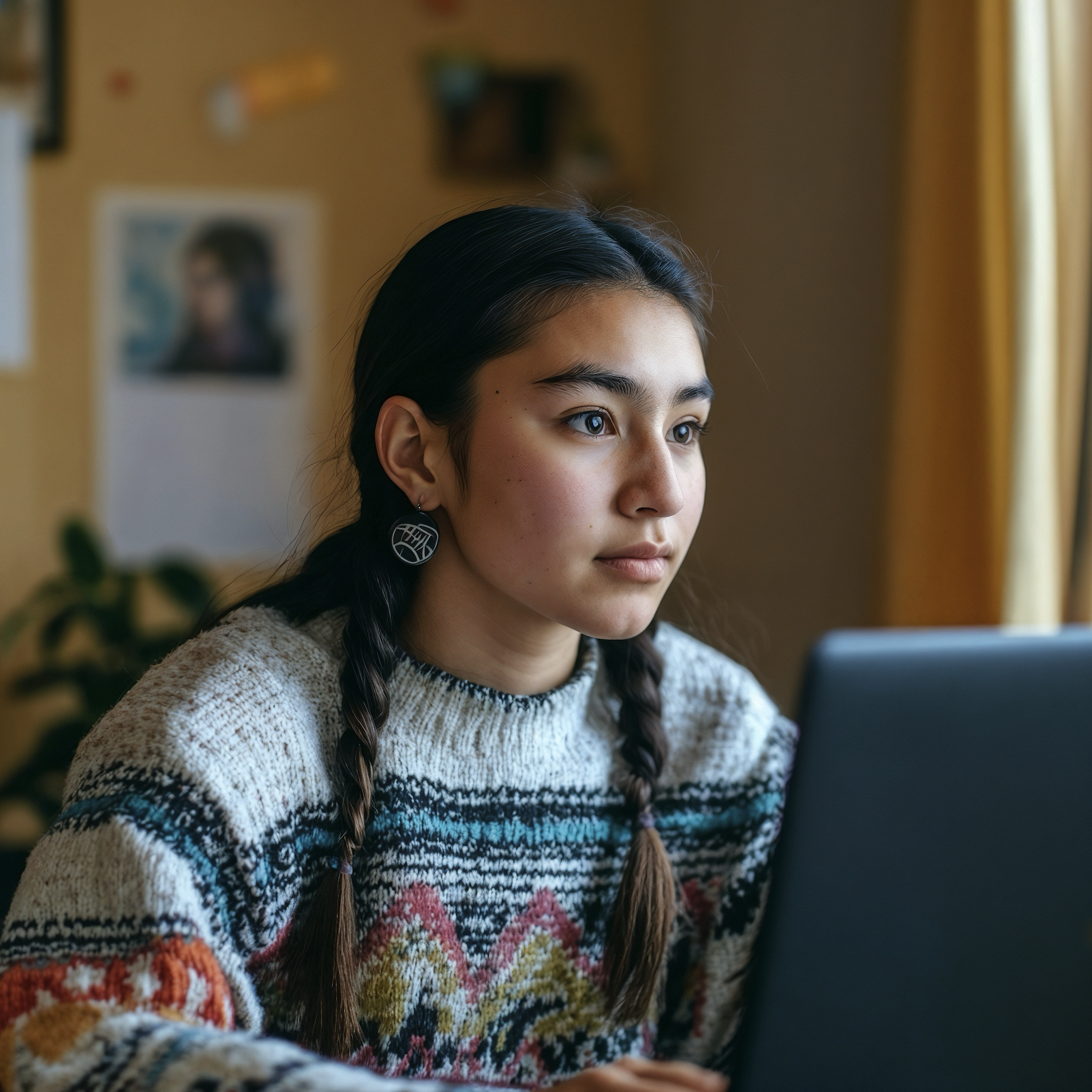 A young woman with dark braided hair, wearing a colorful patterned sweater and circular earrings, focused on a laptop in a cozy room with warm lighting and indoor plants.