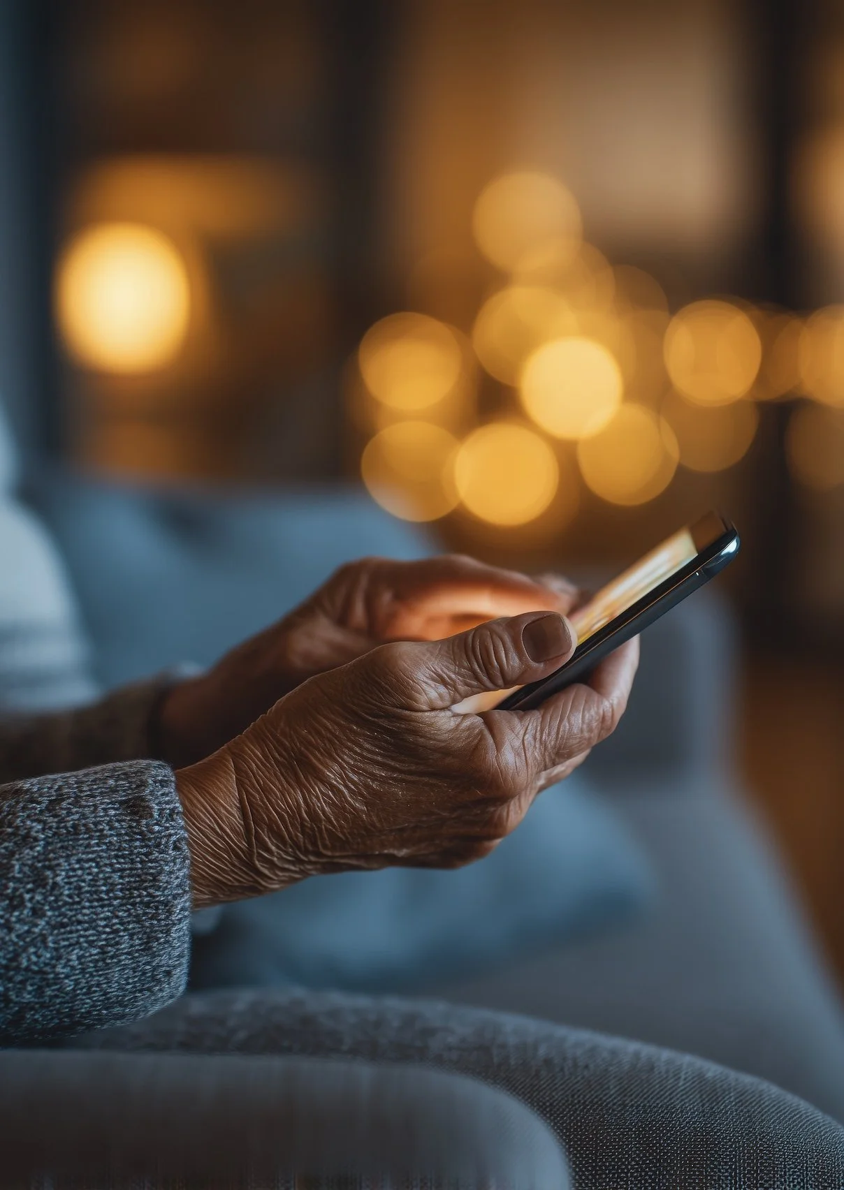 Close-up of elderly person's hands holding a smartphone, with warm blurred bokeh lights in the background.