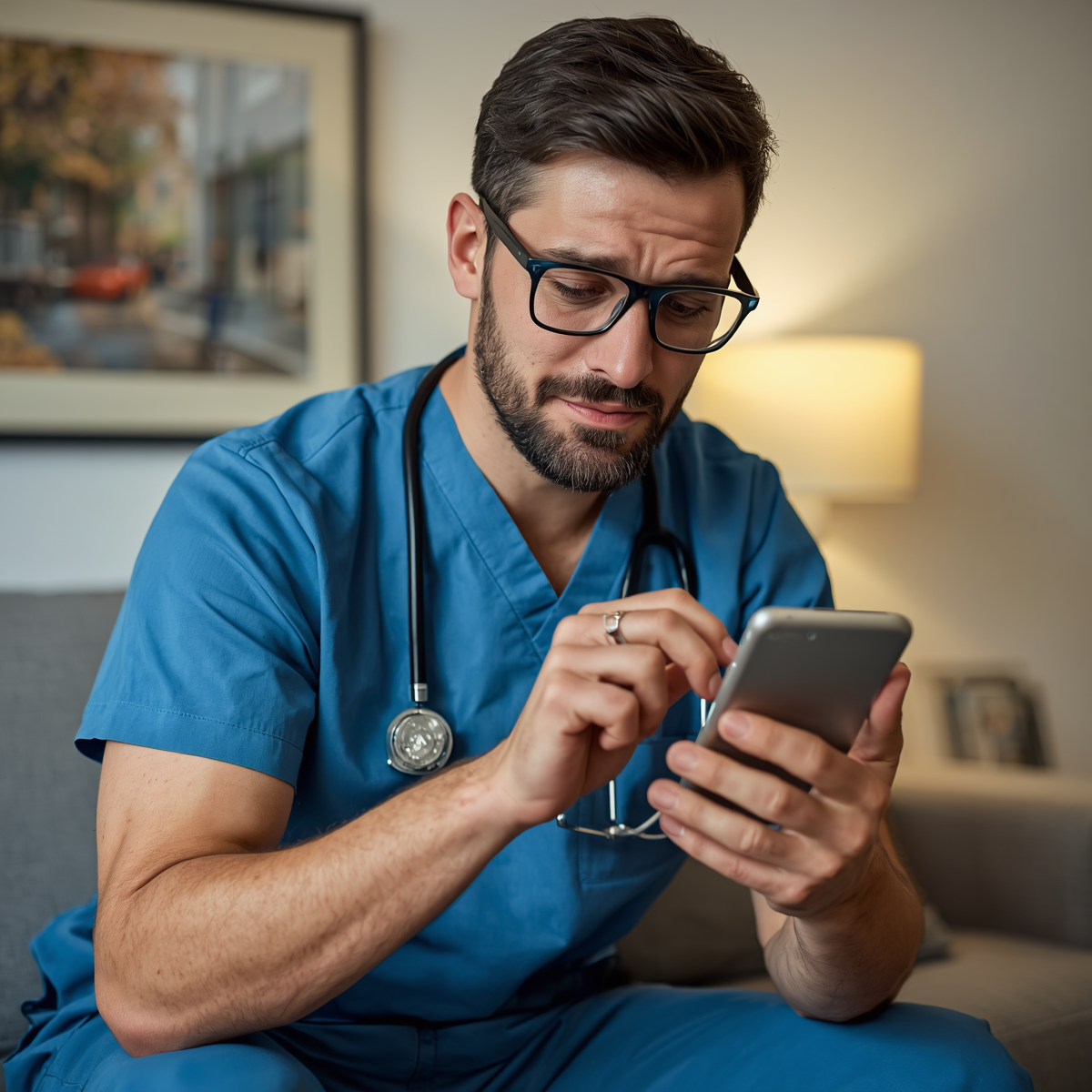 A male healthcare professional in blue scrubs and glasses looking at his smartphone with a concerned expression, sitting in a room with a blurred painting and lamp in the background.