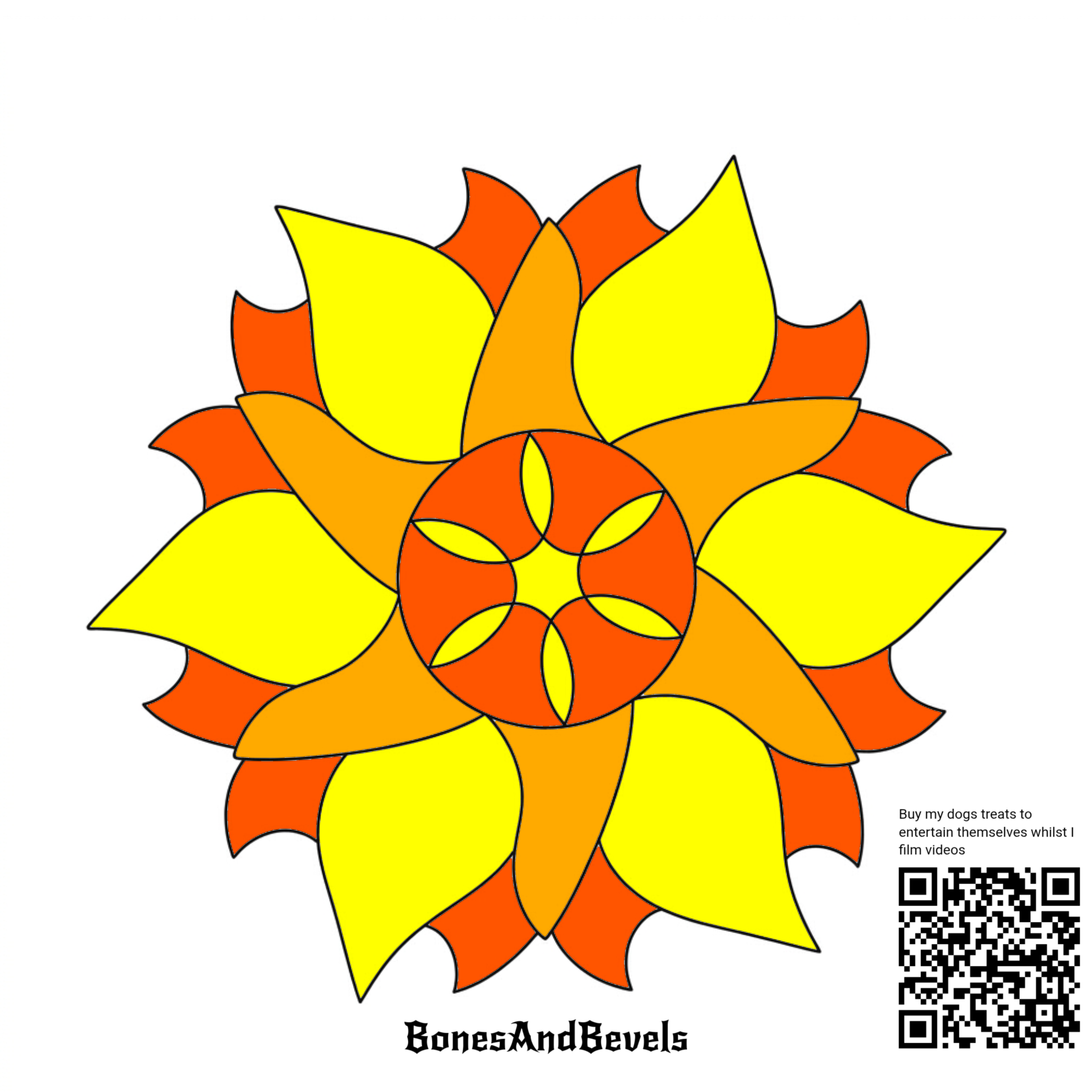 Colouring page of a sunburst mandala free stained glass pattern with a circular pattern at the centre, and text at the bottom that reads 'BonesAndBevels'. 