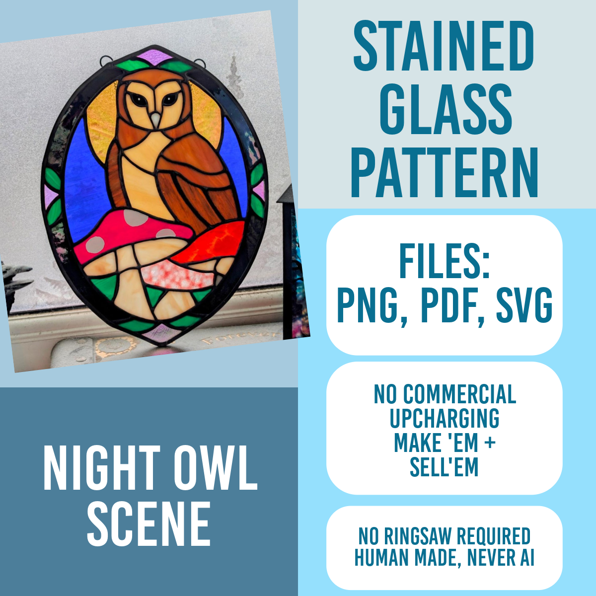 Stained glass Moon night sky forest owl pattern