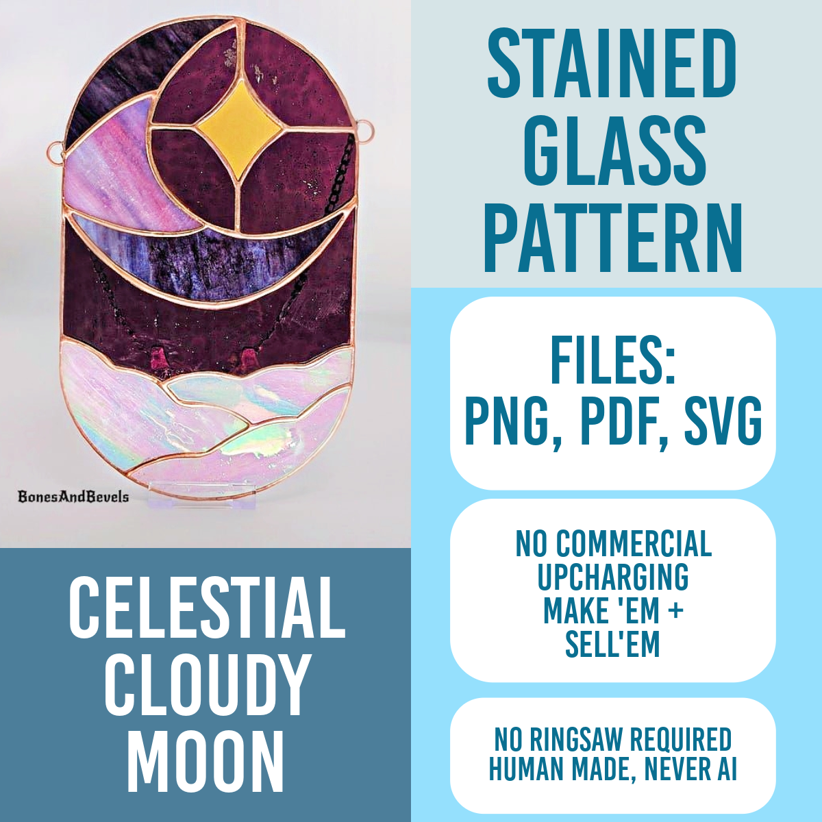 Cloudy crescent moon star silhouette celestial stained glass pattern