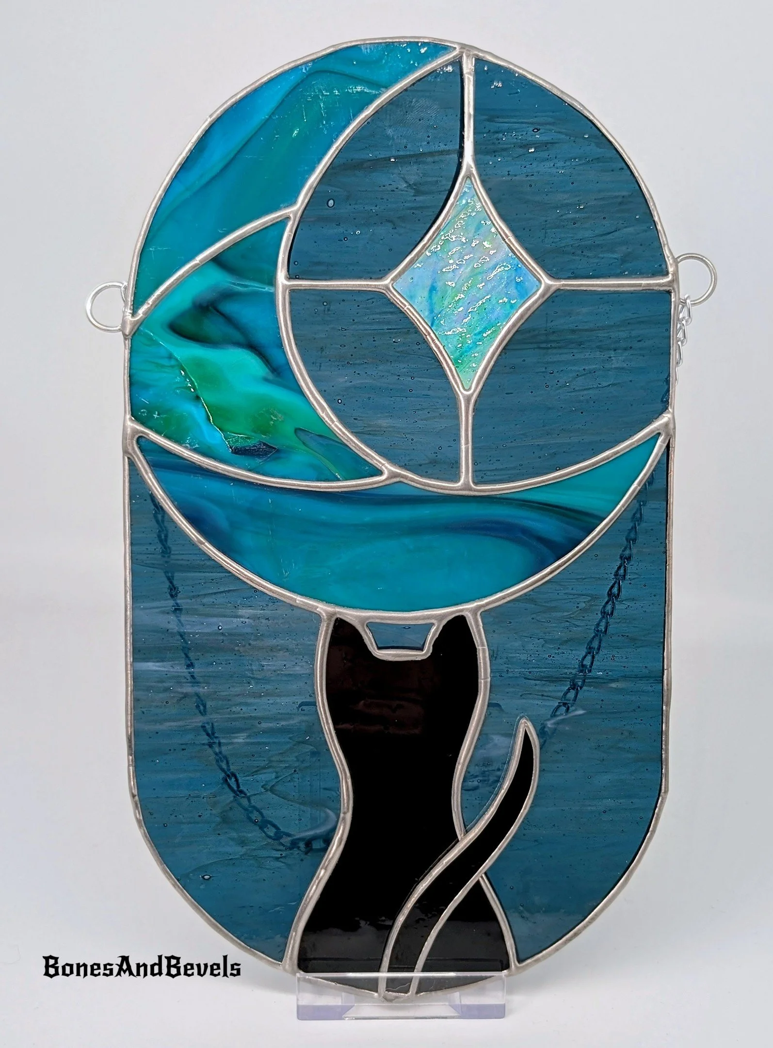 Black cat crescent moon star silhouette celestial pattern for stained glass