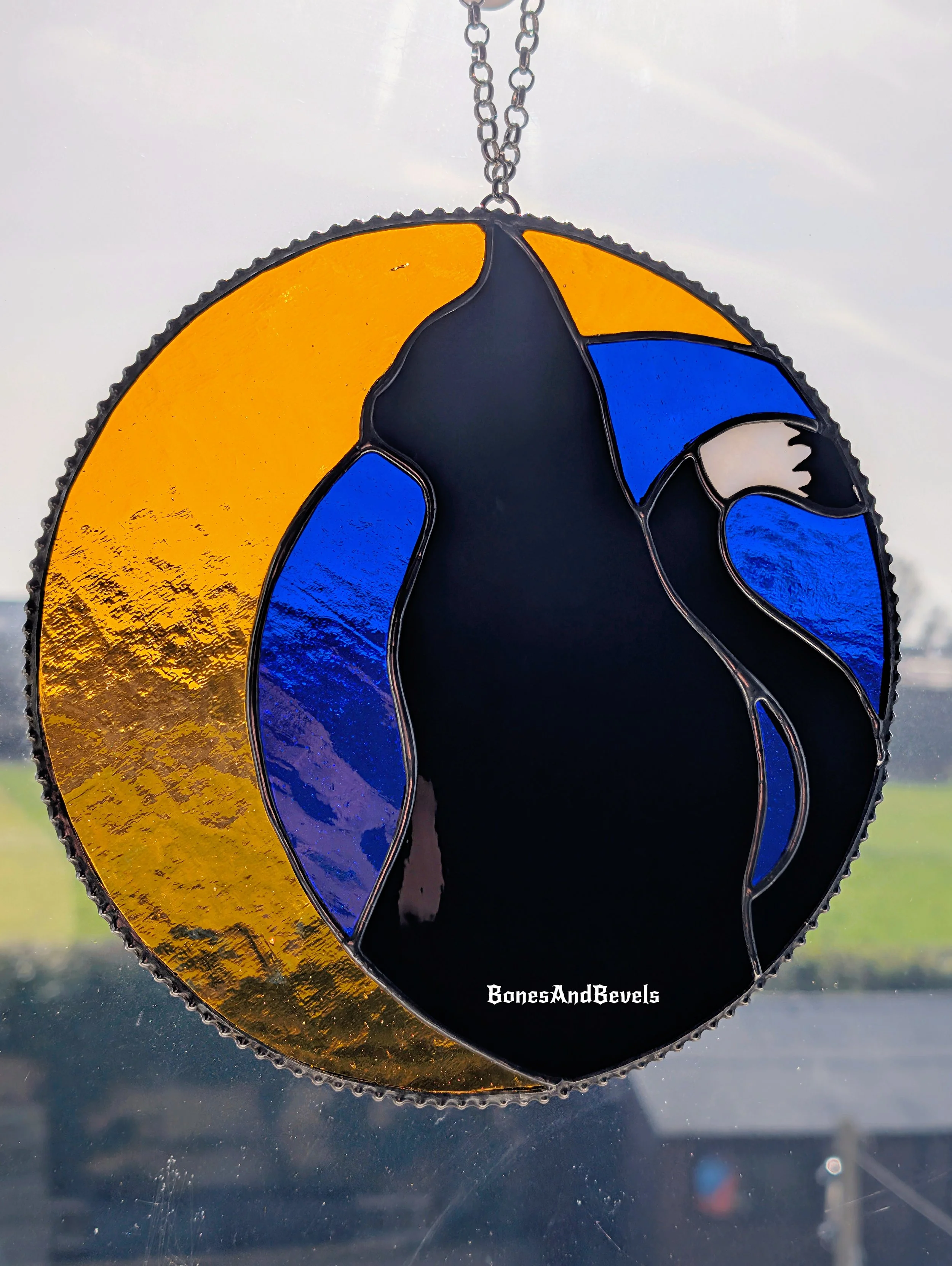 Side profile Cat Crescent Moon Silhouette stained glass pattern