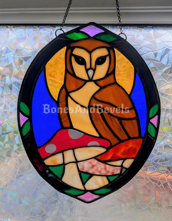 Stained glass Moon night sky forest owl pattern