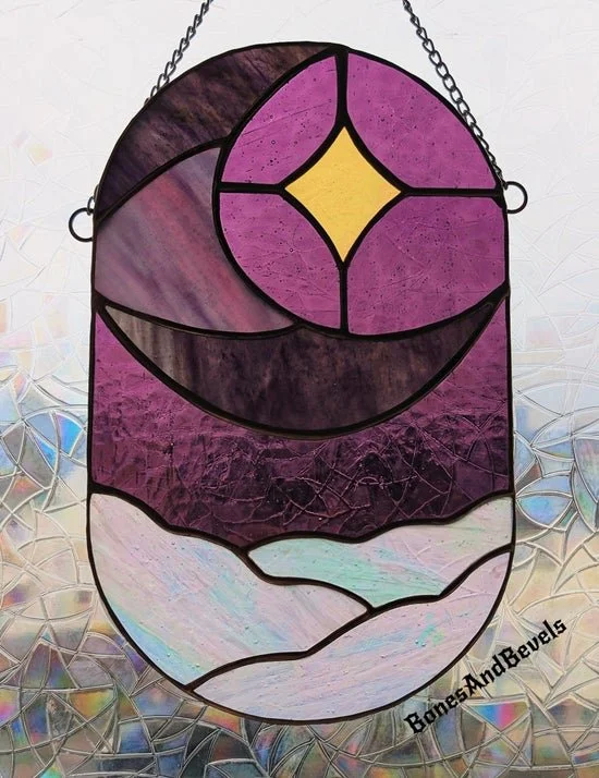 Cloudy crescent moon star silhouette celestial stained glass pattern