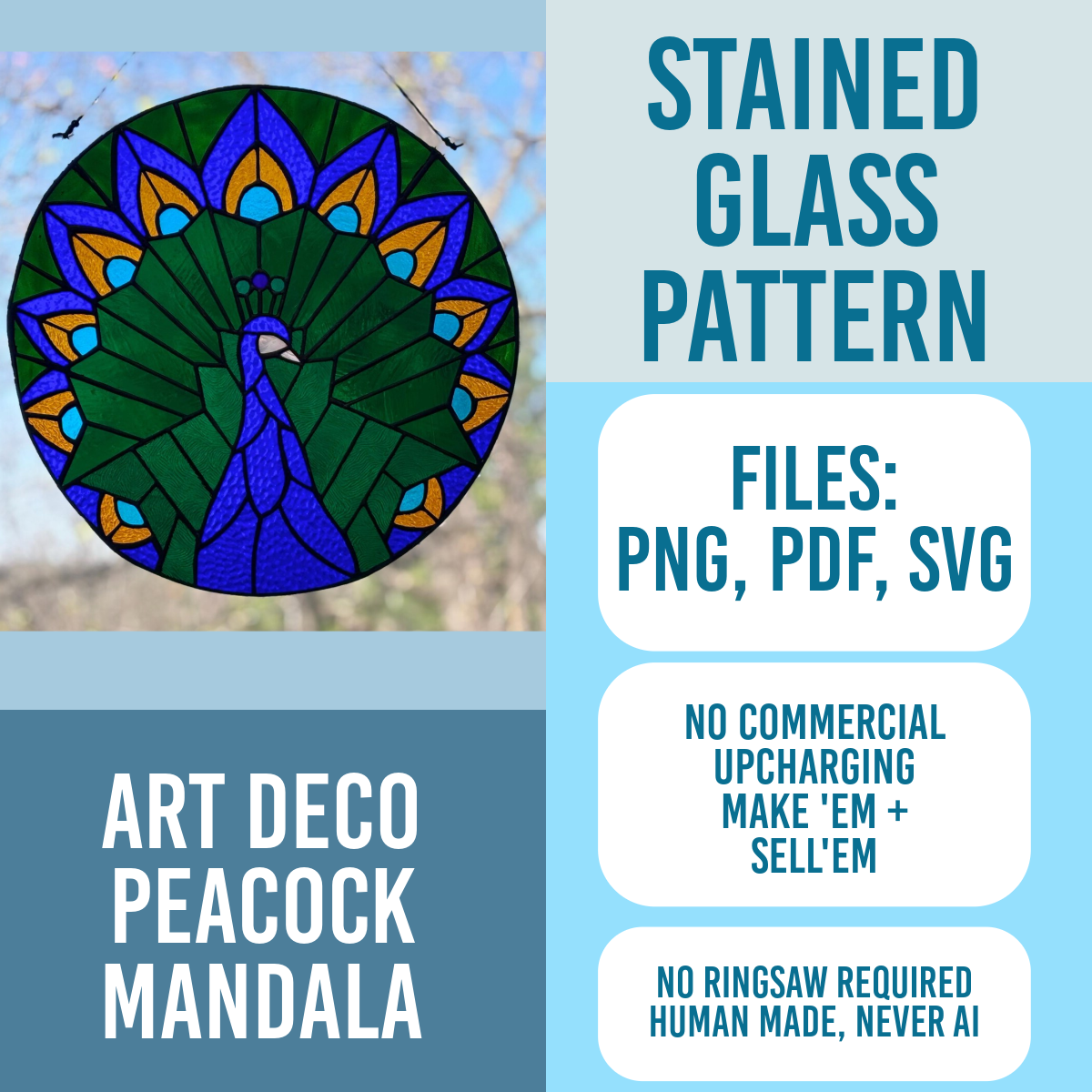 Stained glass Art Deco Peacock Mandala pattern
