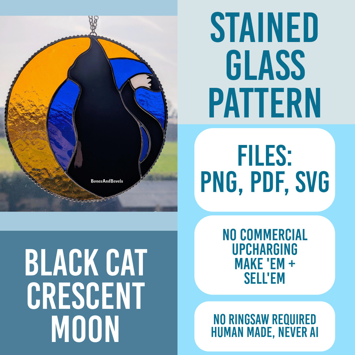 Side profile Cat Crescent Moon Silhouette stained glass pattern