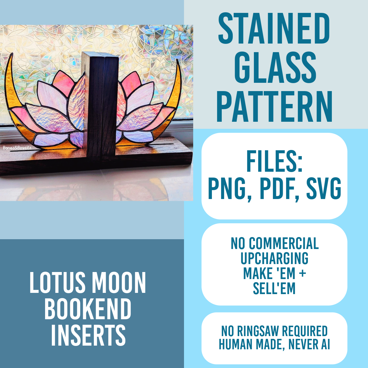 Lotus crescent moon bookend stained glass pattern