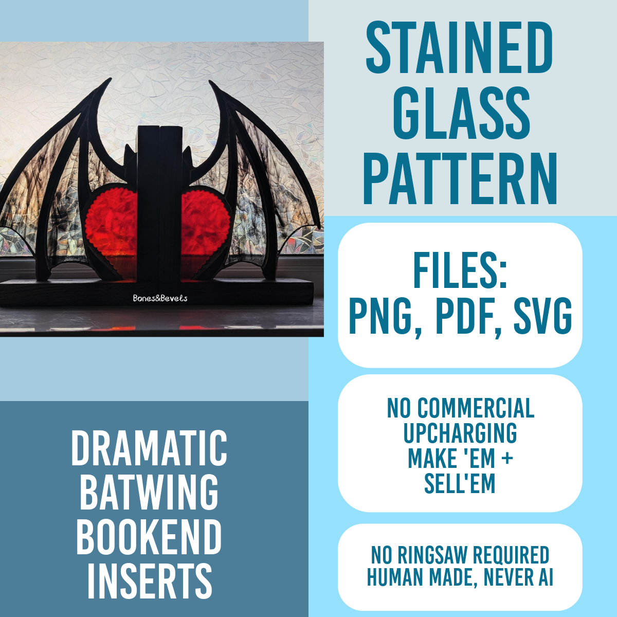 Gothic Bat Heart bookend pattern for stained glass art