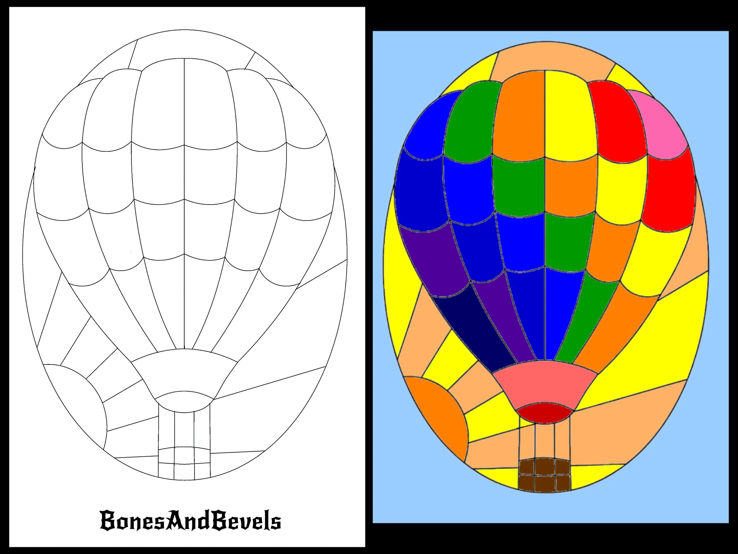 A hot air balloon coloring page with the outline on the left and a colored version on the right.