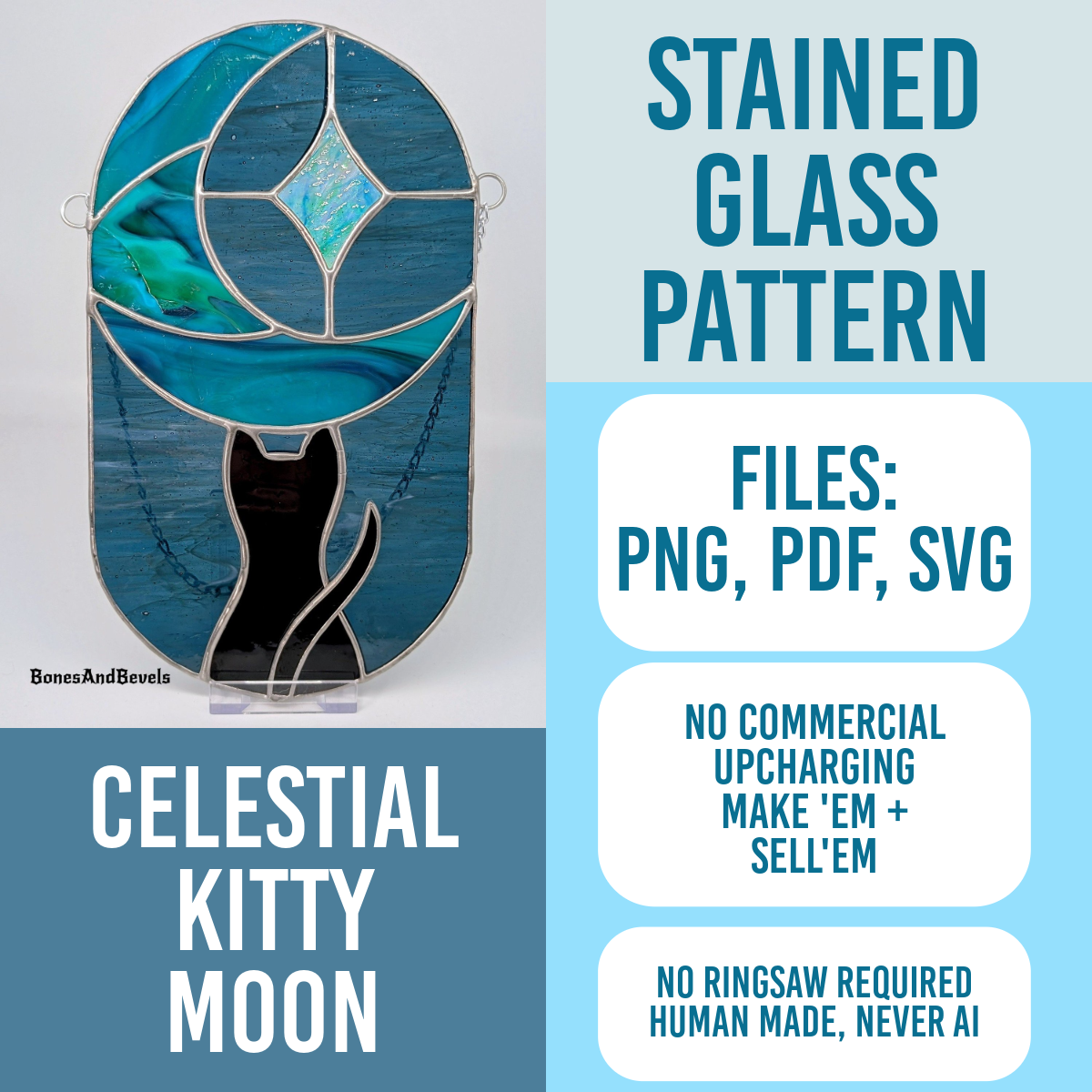 Black cat crescent moon star silhouette celestial pattern for stained glass