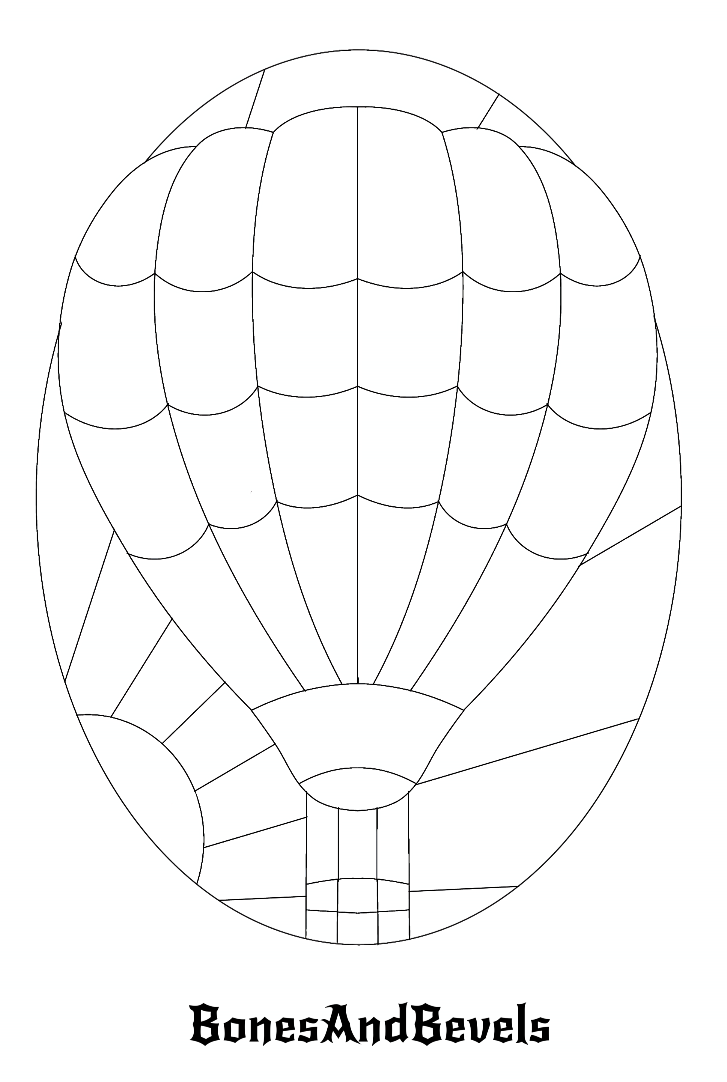 A black and white line drawing of a hot air balloon with part of the basket visible at the bottom and a patterned envelope above. The text 'BonesAndRevels' is written at the bottom of the image.