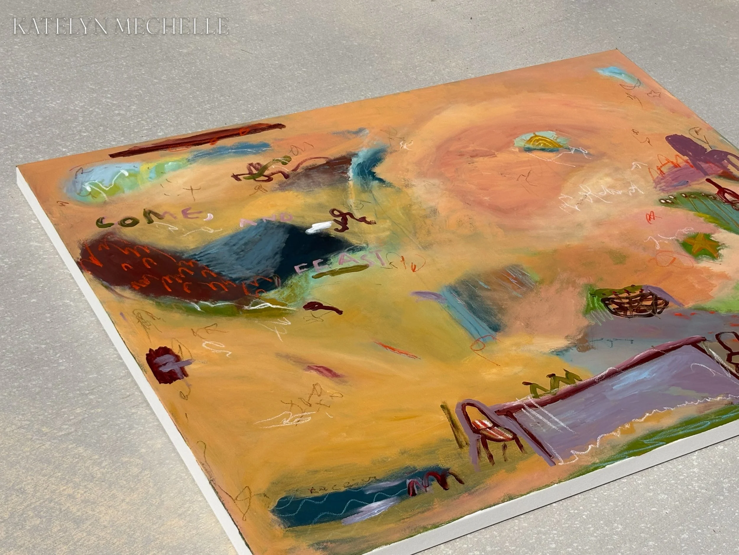 whispers that say &ldquo;let go, become like a child, start running, you&rsquo;re in safe pastures&rdquo;

&lsquo;COME AND FEAST&rsquo;
36 x 48&rdquo;
commission piece 🎺
.
.
.
.
#commissionartwork #acrylicpainting #oilpastels #comtemporaryart #dalla