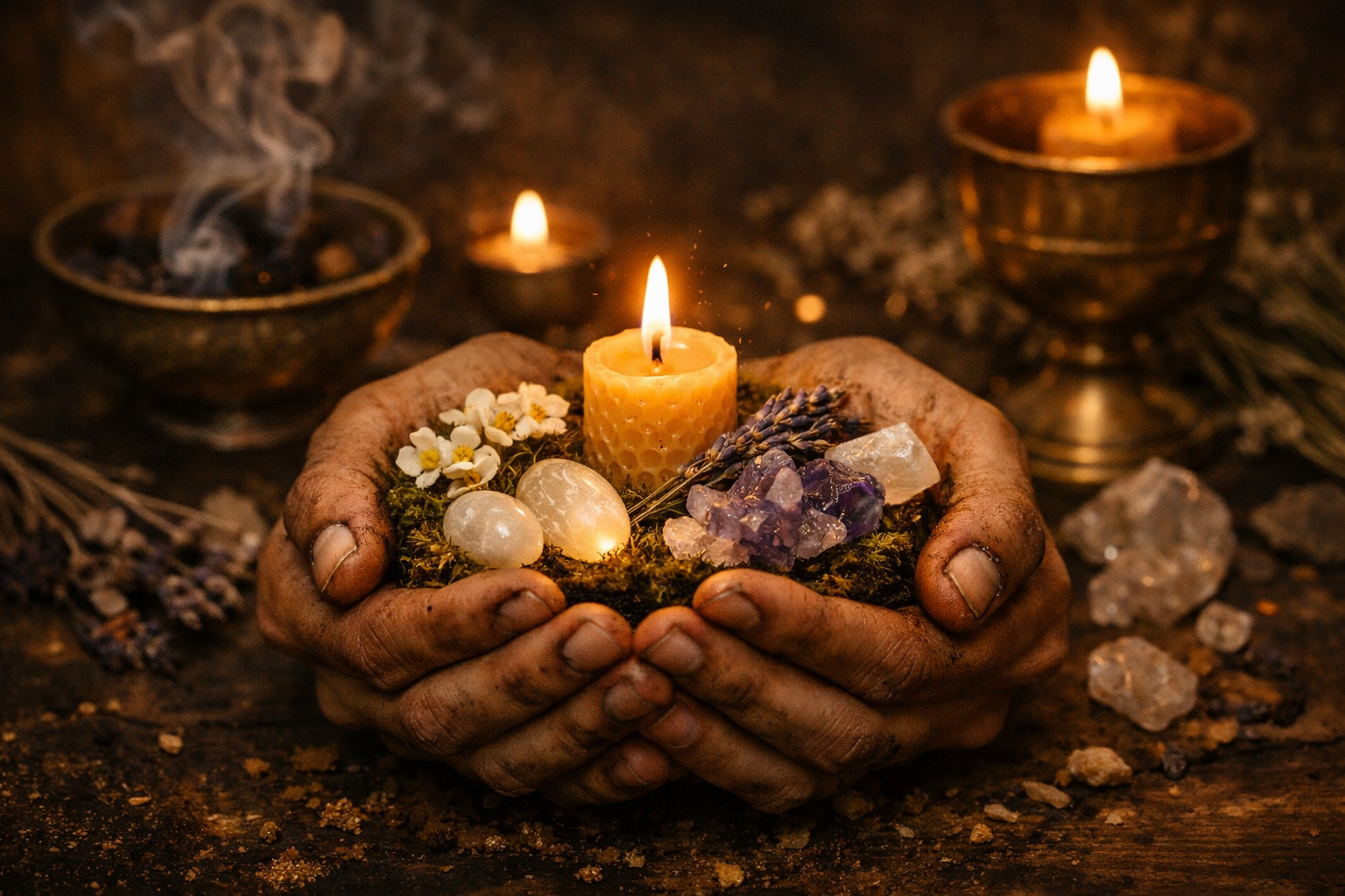 Hands holding a decorated candle surrounded by crystals and flowers, with burning candles and incense in the background.
