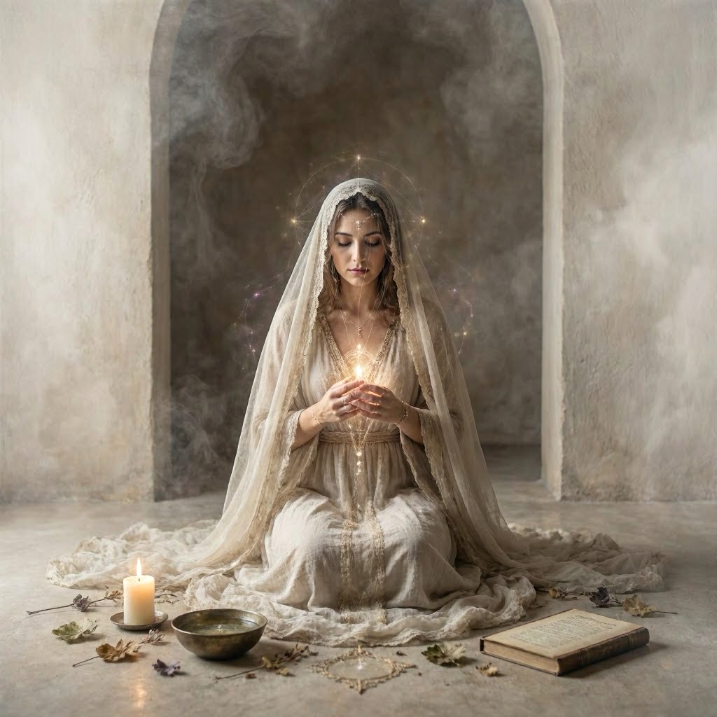 A woman dressed in a vintage, cream-colored dress with a veil, sitting cross-legged on the ground in an old stone archway. She holds a glowing object in her hands, with a halo-like glow around her head. There are candles, a bowl, an open book, leaves, and a necklace arranged on the floor around her.